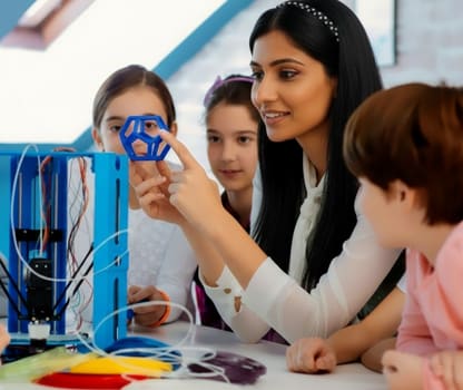 A teacher working through a build at the bench with a group of students
