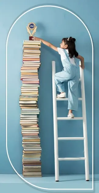 Child climbing a ladder beside a tall stack of books
